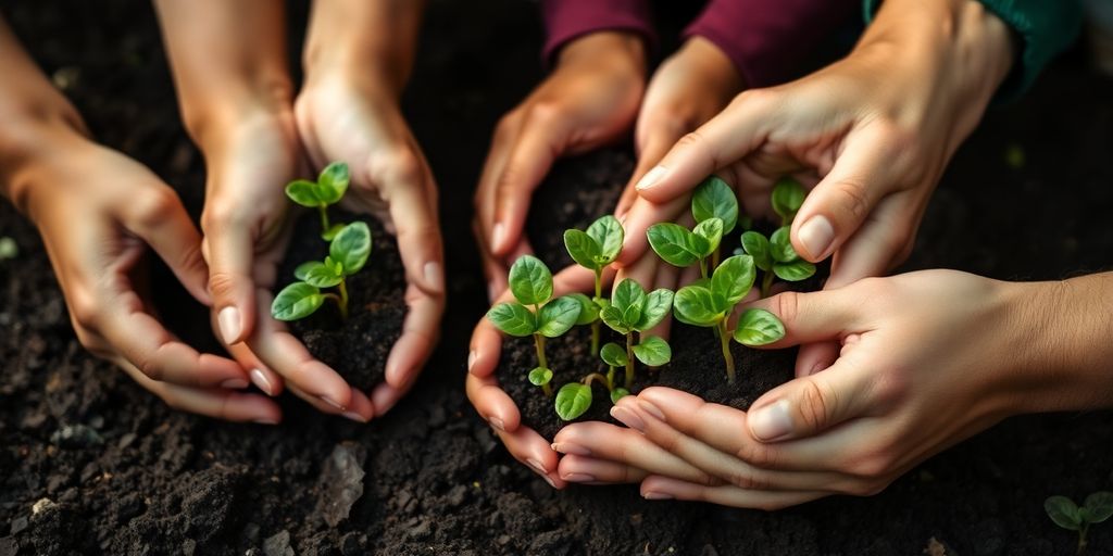 Diverse hands holding tiny sprouting plants in soil.