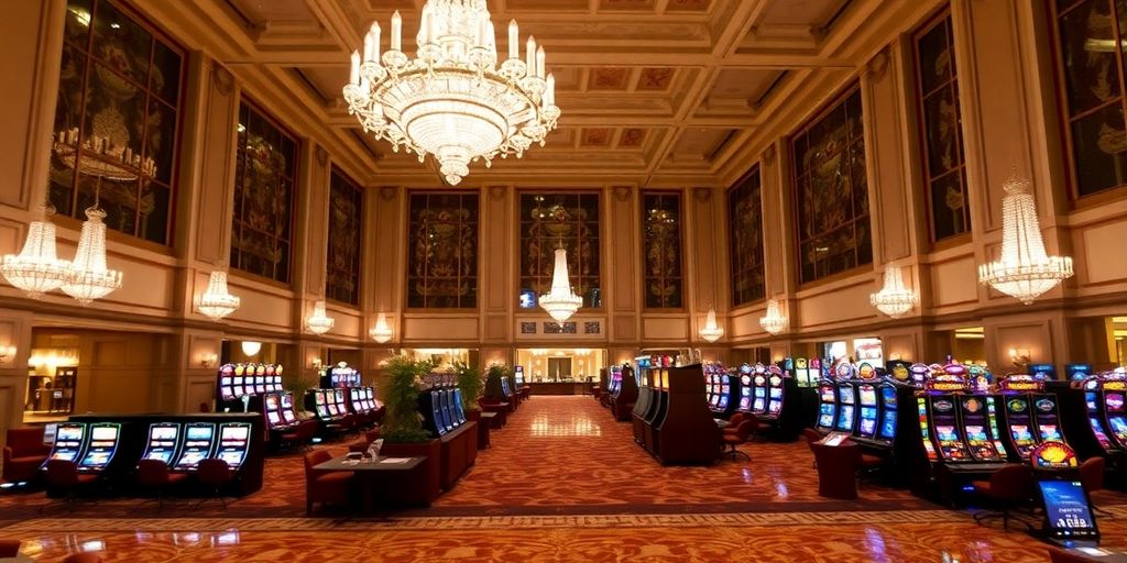 Luxurious casino floor with slot machines and chandeliers.