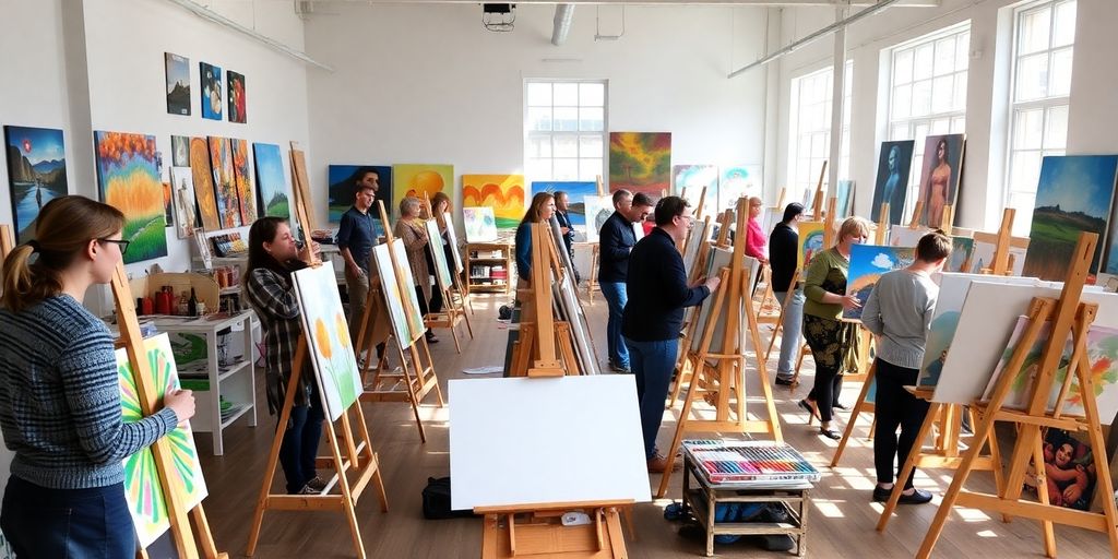 Artists painting in a bright, colorful art studio.