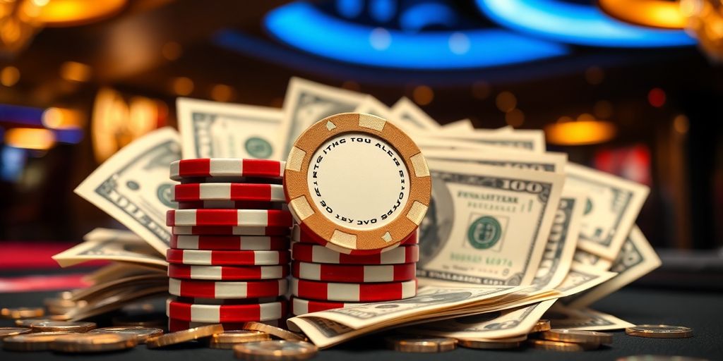 Close-up of poker chips and cash in a casino.