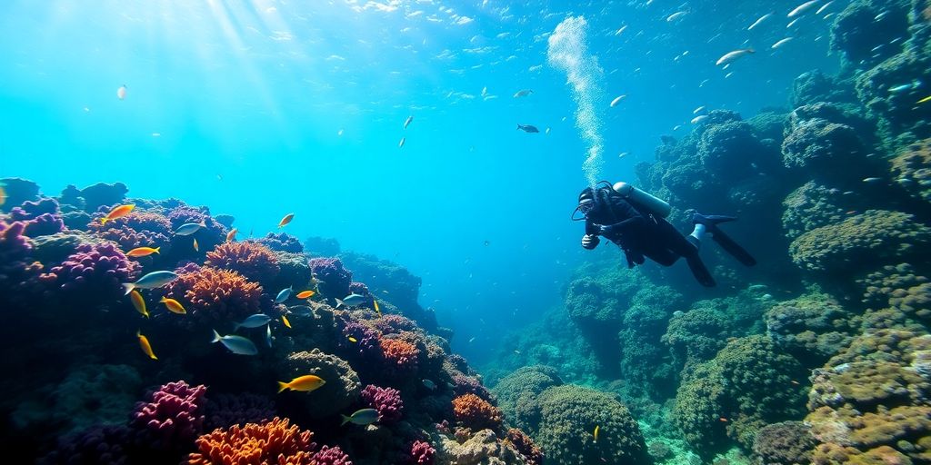 Diver swimming through vibrant coral reef.