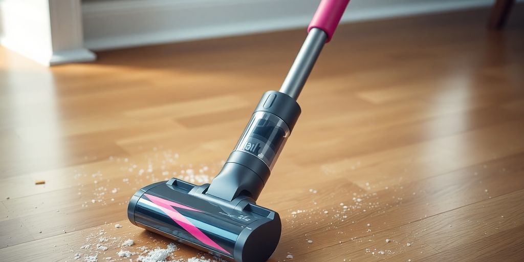 Moderne Akku Staubsauger auf Holzboden mit Staub.
