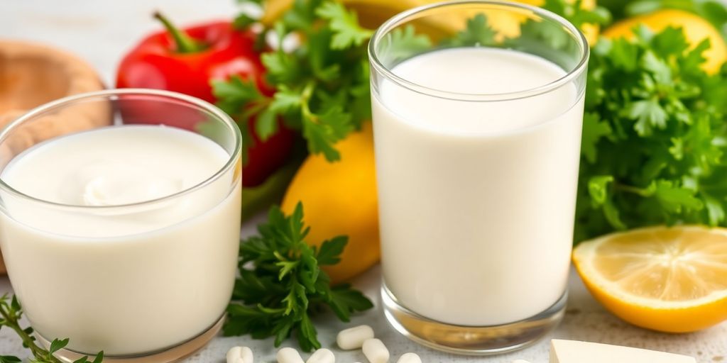 Close-up of milk and heavy cream with fresh ingredients.