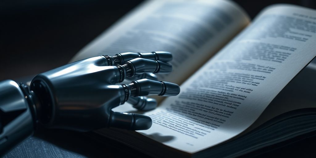 Machine hand reaching for open book