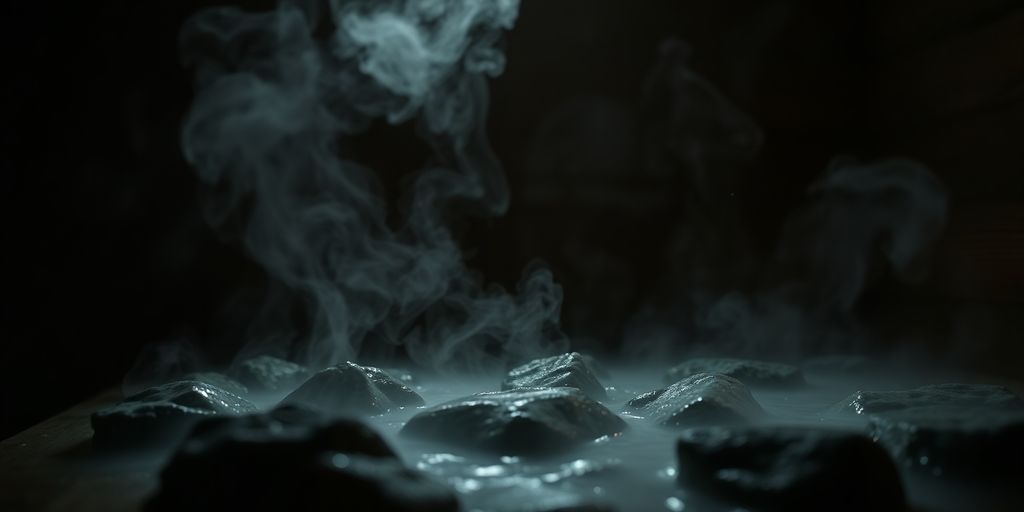 Steam rising inside a wooden sauna room.