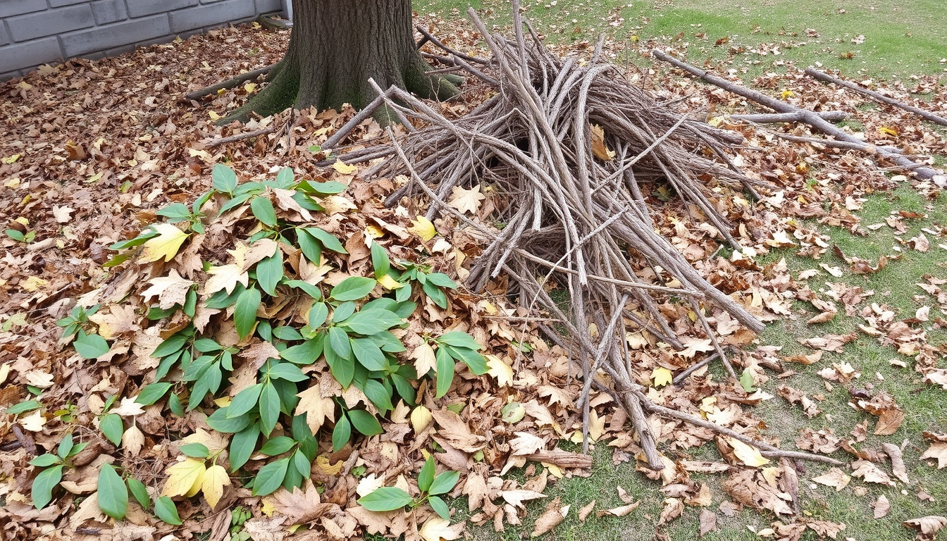 Garden cleanup with branches and leaves on the ground.