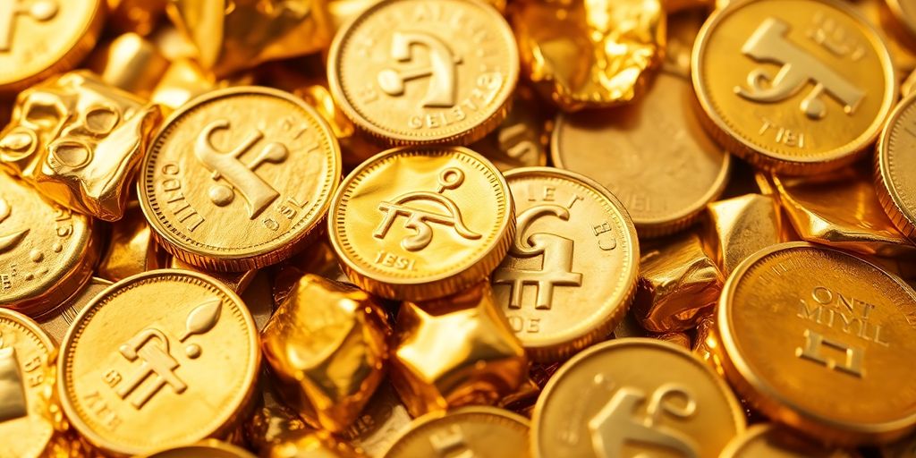 Pièces d'or fondue sur une surface réfléchissante.
