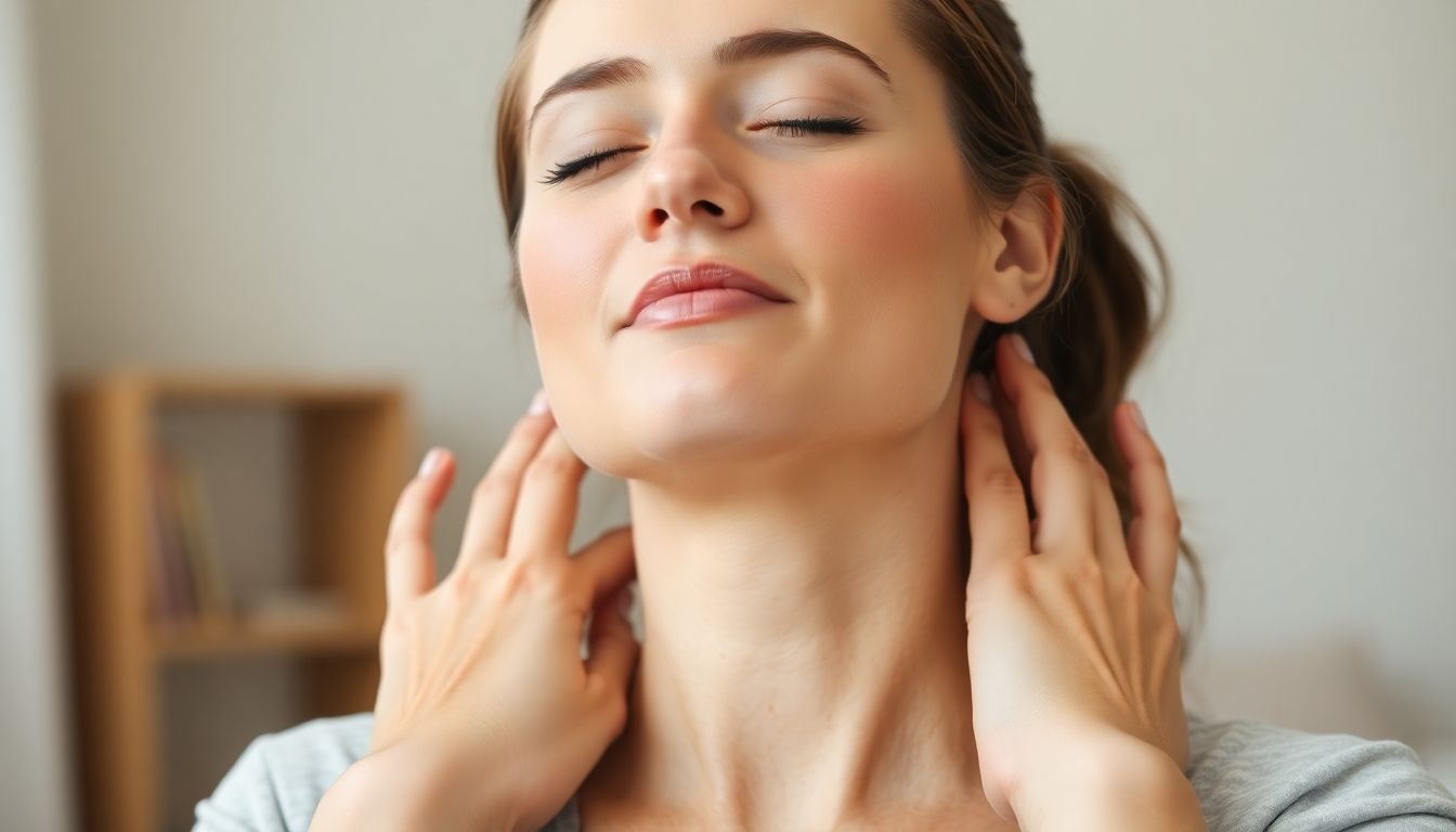 Woman massaging her neck with hands.