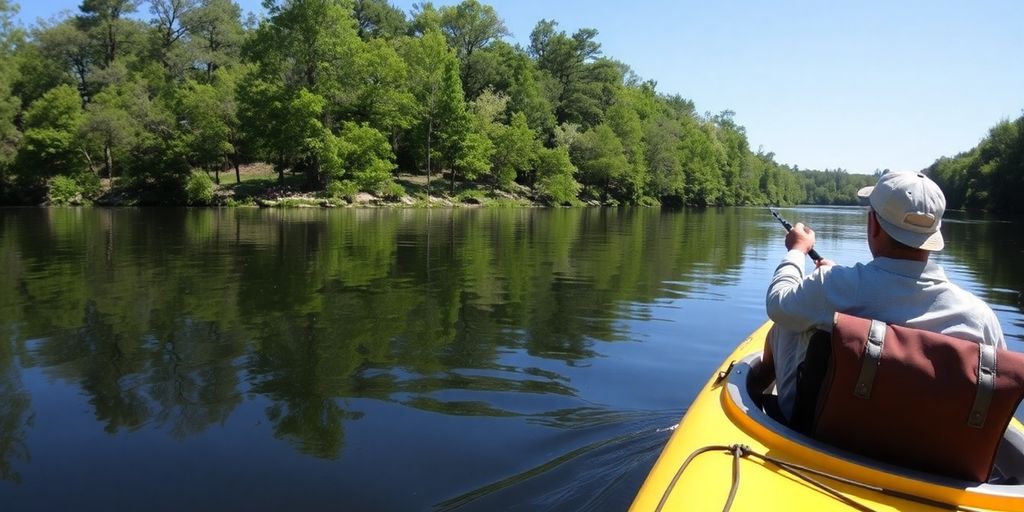 Kayaker casting line on tranquil river, sun shimmering.