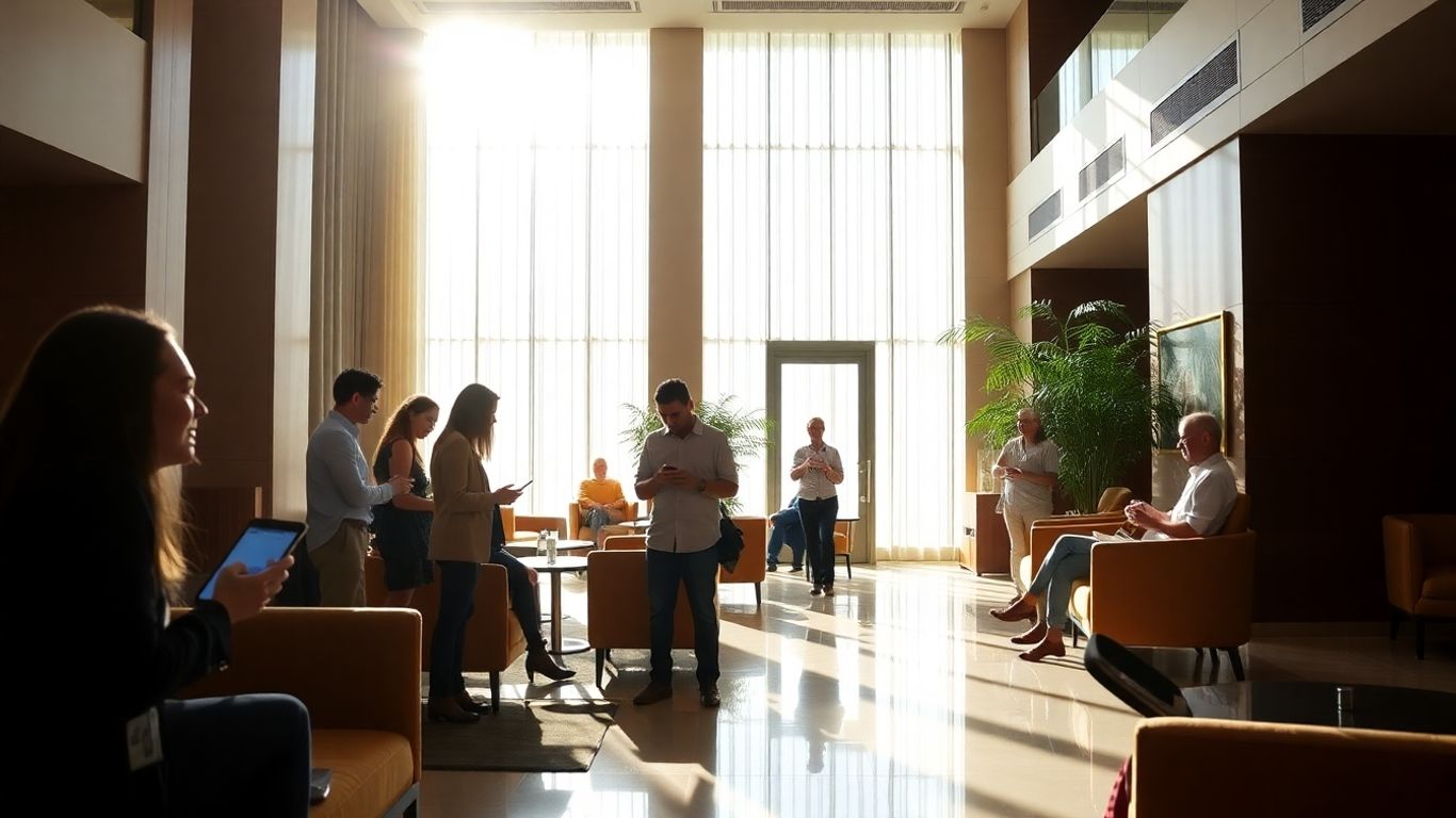 Gostje uporabljajo telefone in tablice v hotelskem lobiju.