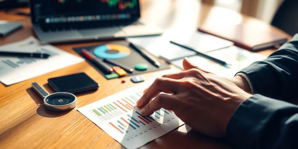 Hands on a desk with trading tools and papers.
