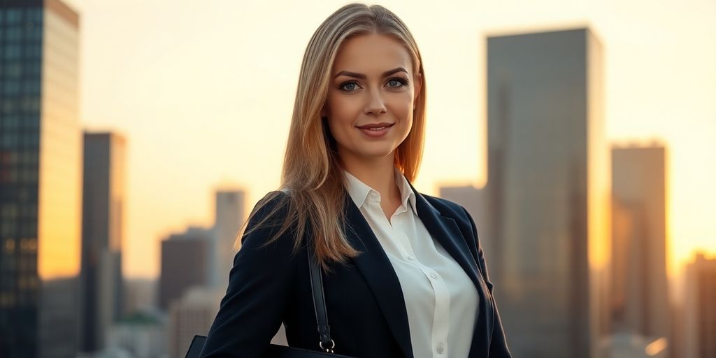 Blonde woman in blazer holding handbag against sunset city skyline.
