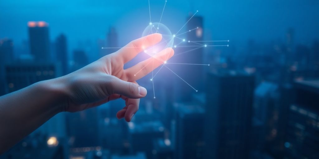 Glowing digital connections between people, futuristic city.