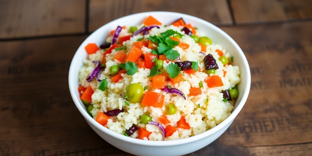 Healthy cauliflower rice bowl with colorful vegetables and herbs.