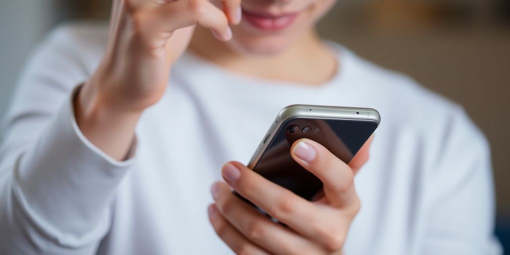 Person cautiously looking at a smartphone screen