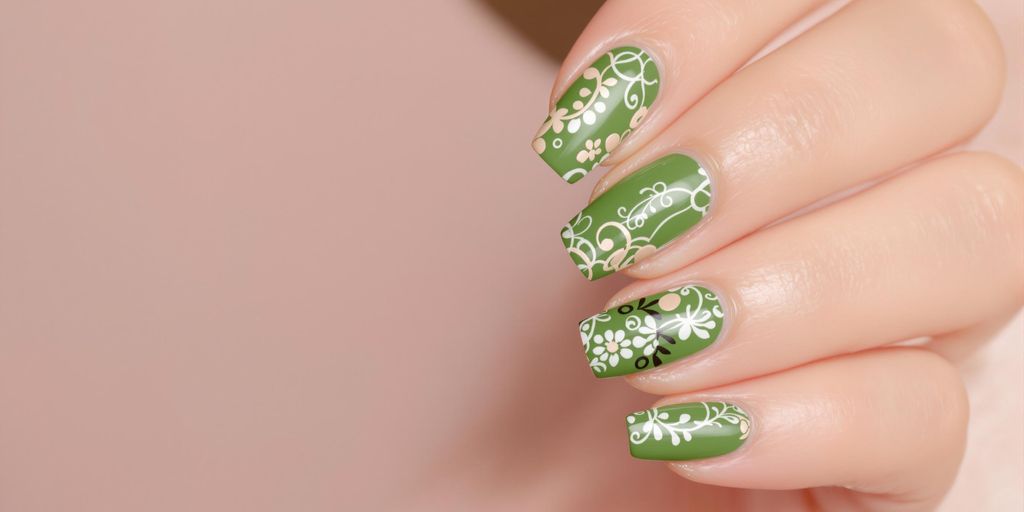 Unhas decoradas em verde com designs inspirados no matcha.