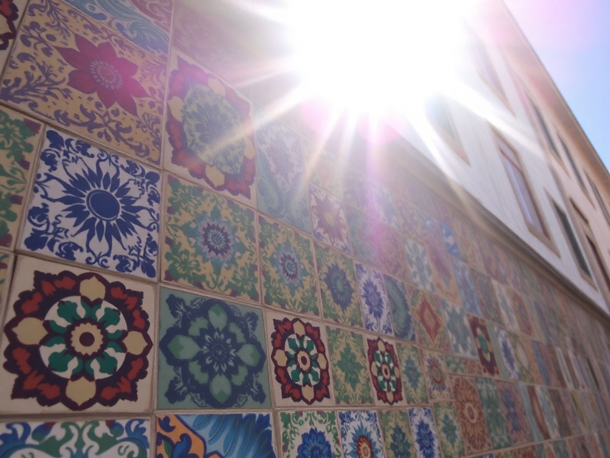 Carreaux de céramique ornés décorant la façade d'un bâtiment historique.
