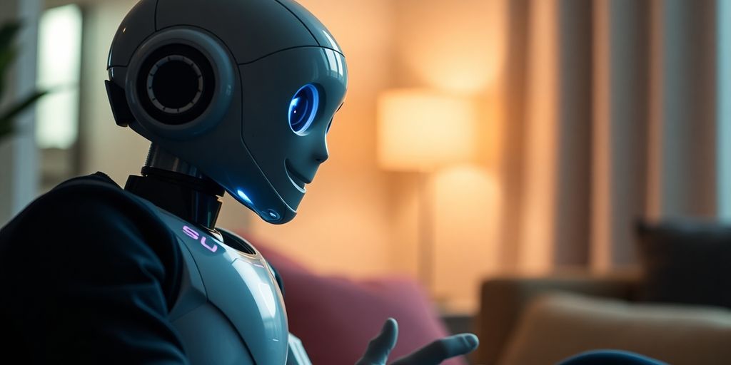 Humanoid robot with a person in a cozy setting.