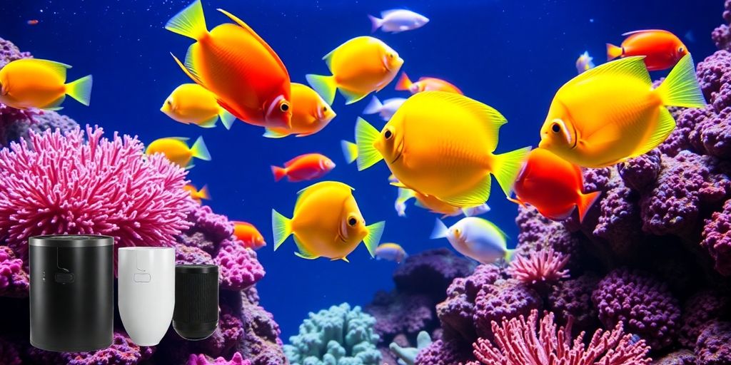 水中五彩斑斓的盐水鱼和水族馆设备。
