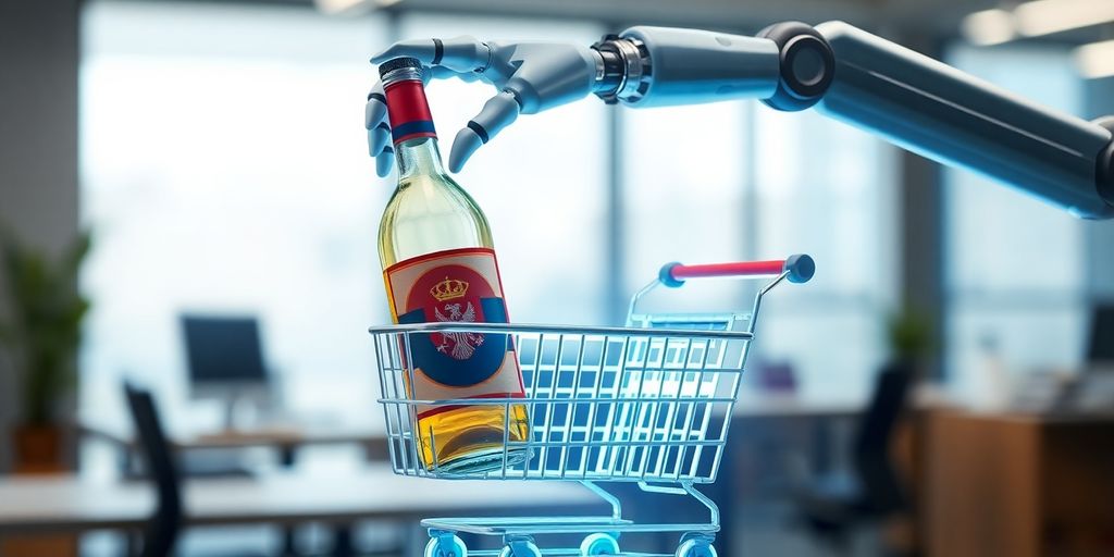 Robotska ruka stavlja flašu šljivovice u korpu za kupovinu.