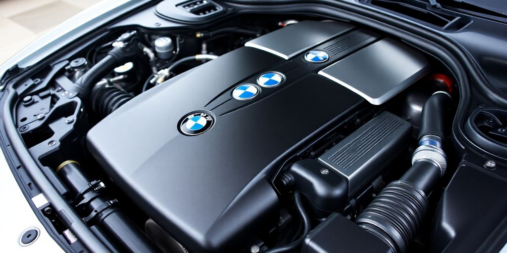 BMW 3 Series engine bay with clean spare parts.