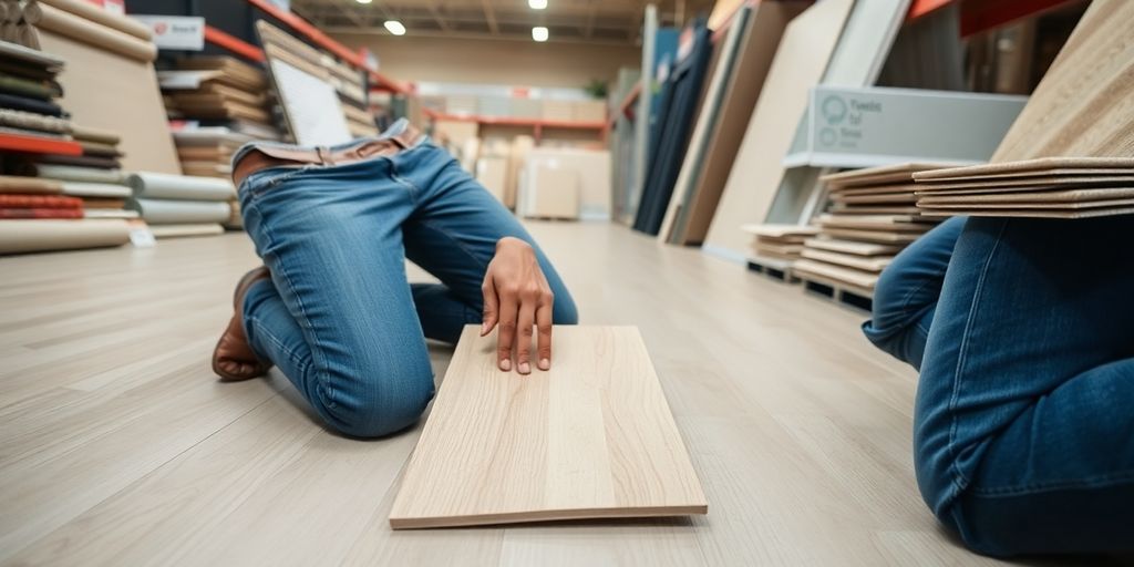 Man examining wood plank flooring.