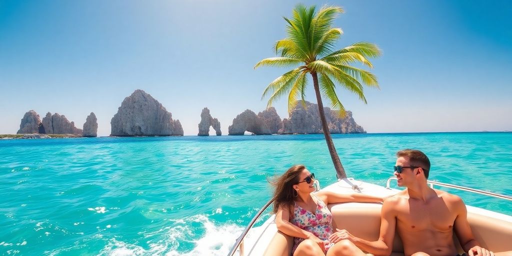 Couple enjoying a boat tour in Cabo San Lucas.