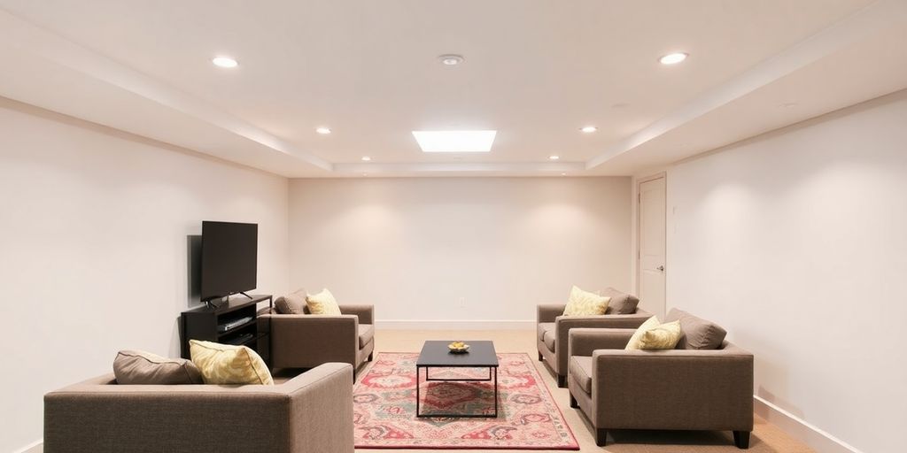 Modern basement living space with comfortable furniture.