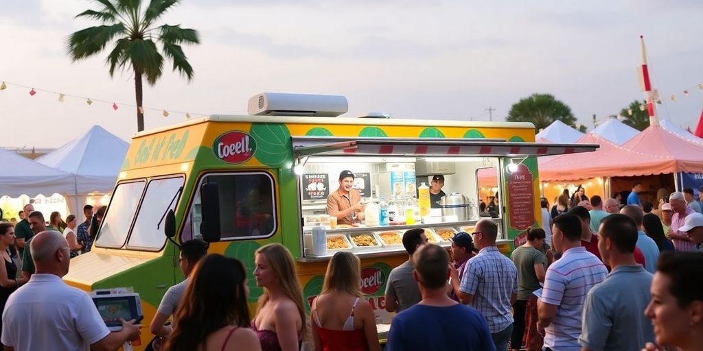 Colorful food truck at a busy outdoor event.