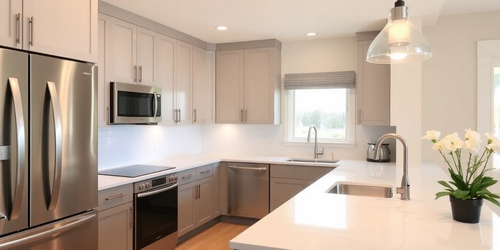 Modern kitchen renovation with gleaming countertops and new cabinets.