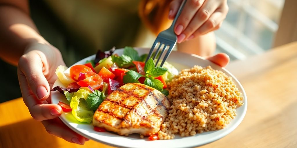 Woman, leafy greens, lean protein, vibrant, healthy meal.