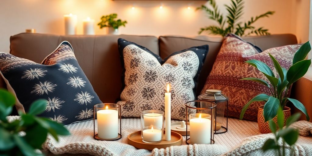 Cozy home decor with pillows, candles, and plants.