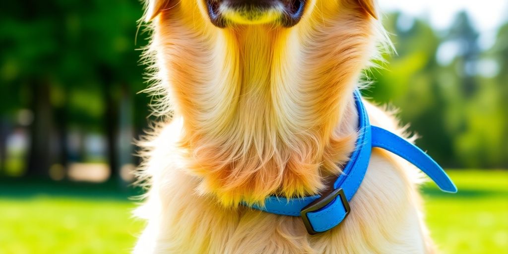 Happy dog wearing a comfortable, stylish collar outdoors.