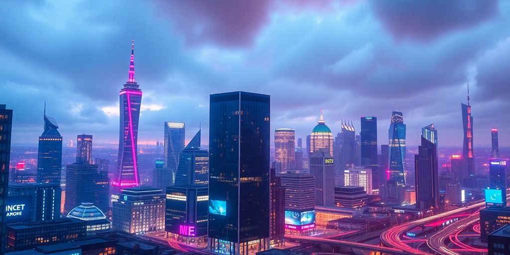 Futuristic city with digital finance elements and neon lights.