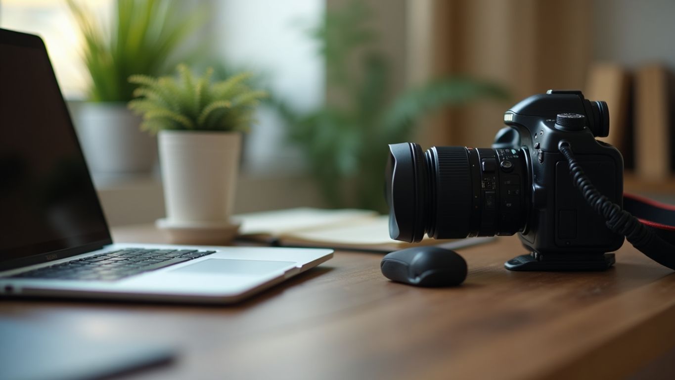 Laptop and camera in a creative workspace for video.