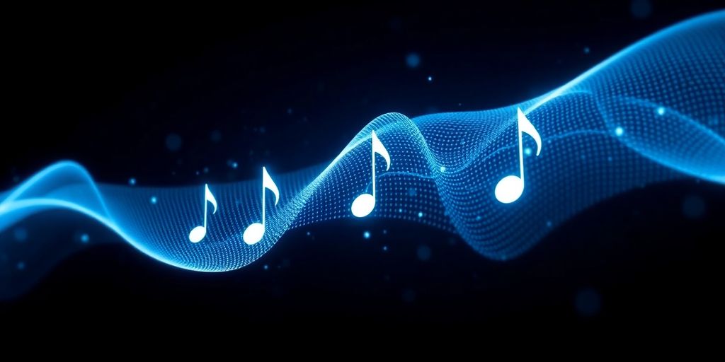 Abstract sound waves and musical notes with AI circuit patterns.