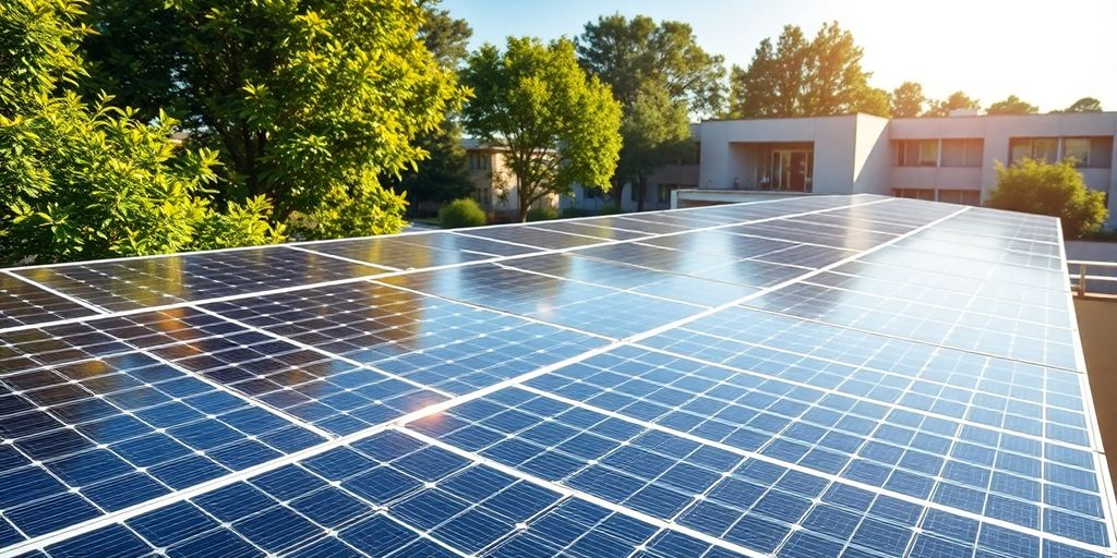 Solar panels on a school rooftop under bright sunlight.