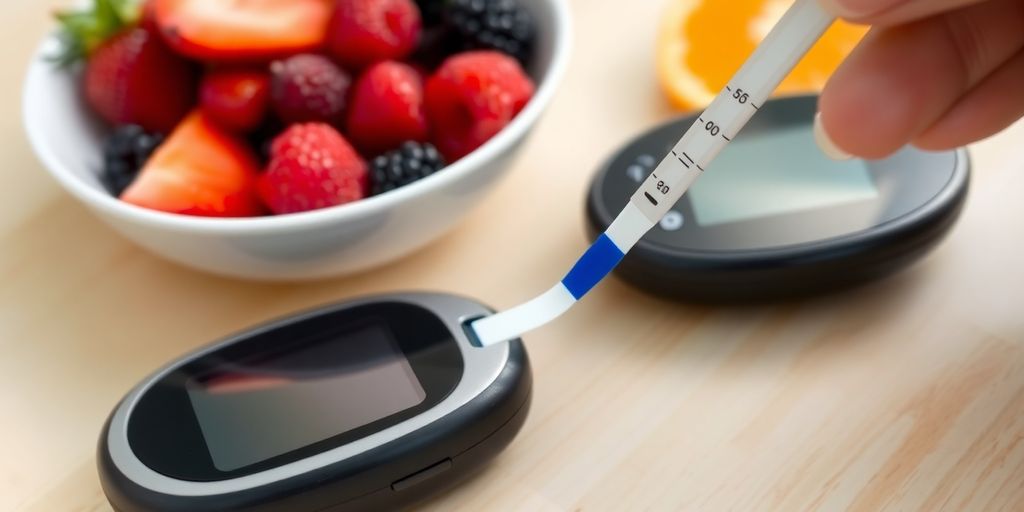 Blood sugar testing kit with fruit.