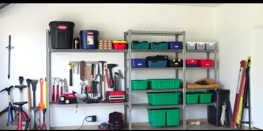 Durable metal freestanding garage shelves filled with tools.