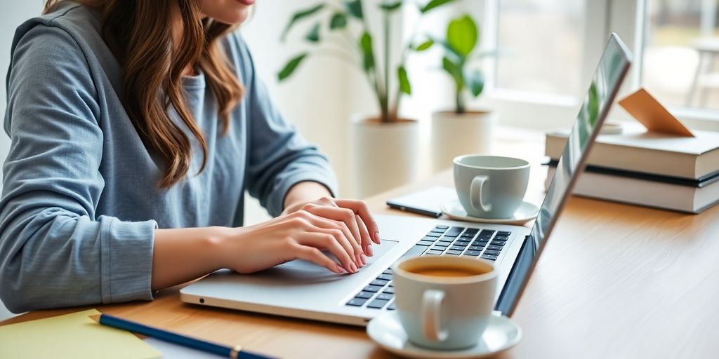 Woman coding on laptop in a cozy home office.