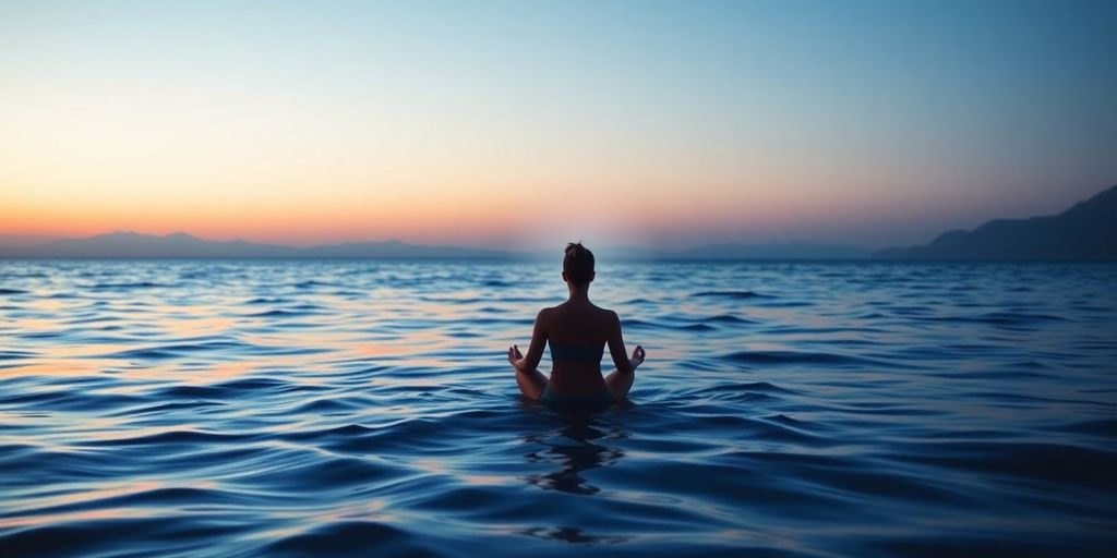 Person meditating in a tranquil landscape at twilight.