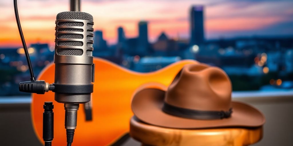 Microphone, guitar, cowboy hat, Nashville skyline