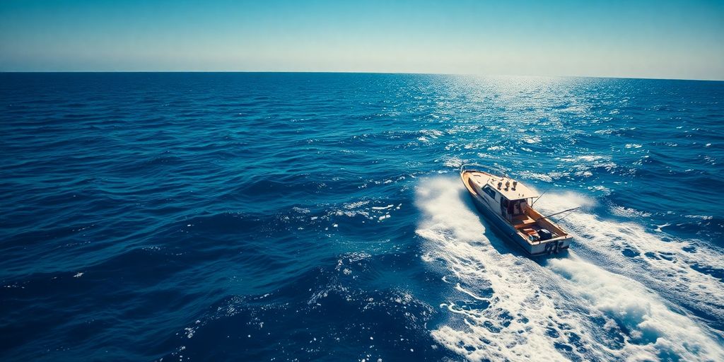 Deep blue ocean with a fishing boat sailing.