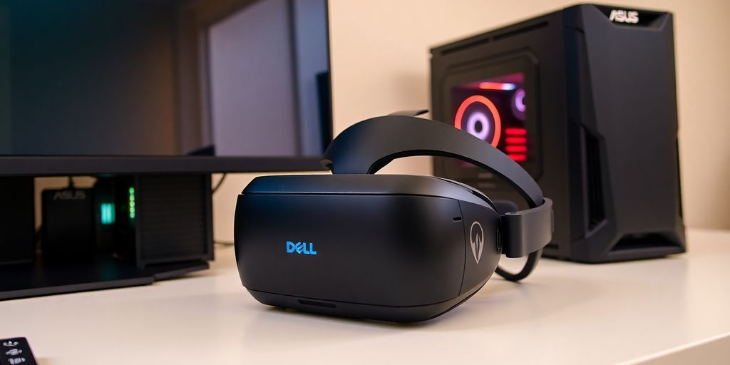 Oculus Rift headset next to gaming PCs.