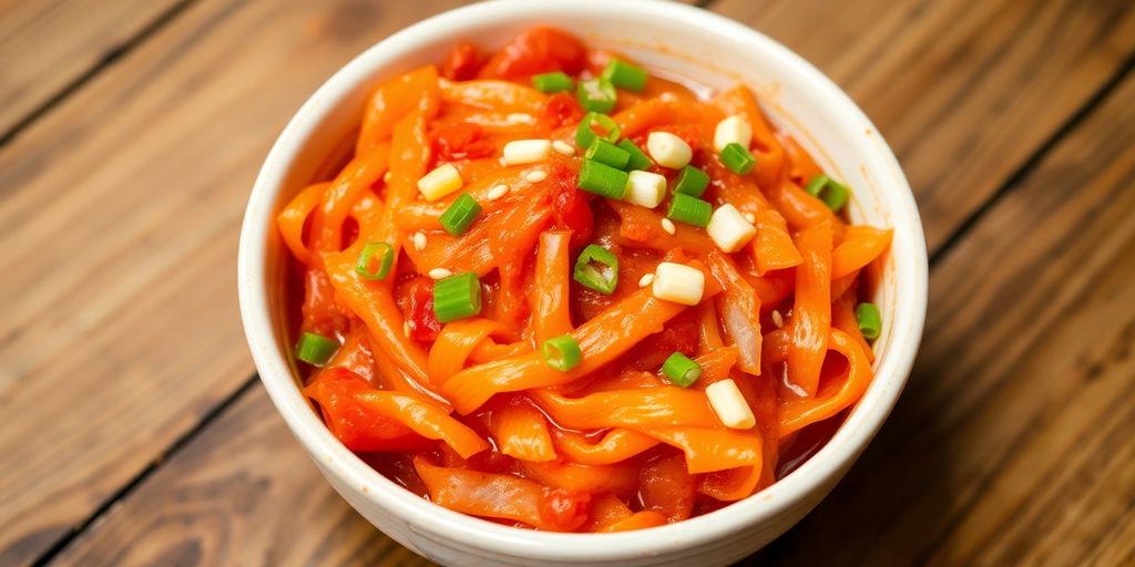 Bowl of colorful kimchi with cabbage and garnishes.