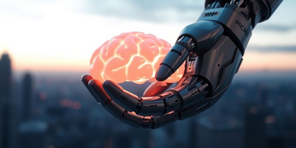 Robot hand holds glowing brain