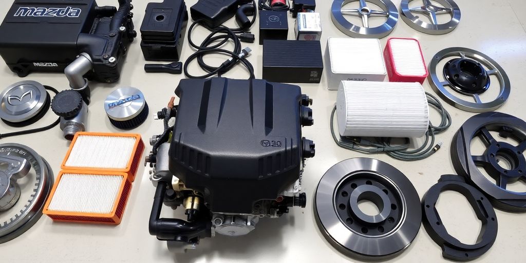 Mazda car parts arranged neatly.