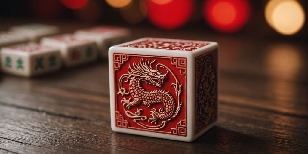 Red Dragon Mahjong tile on a wooden table close-up