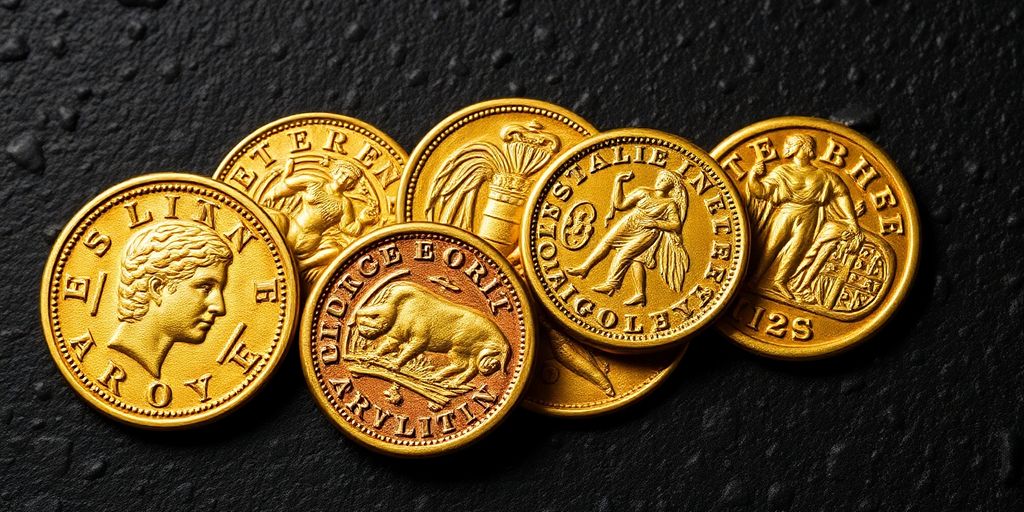 Pièces d'or romaines sur une surface sombre.