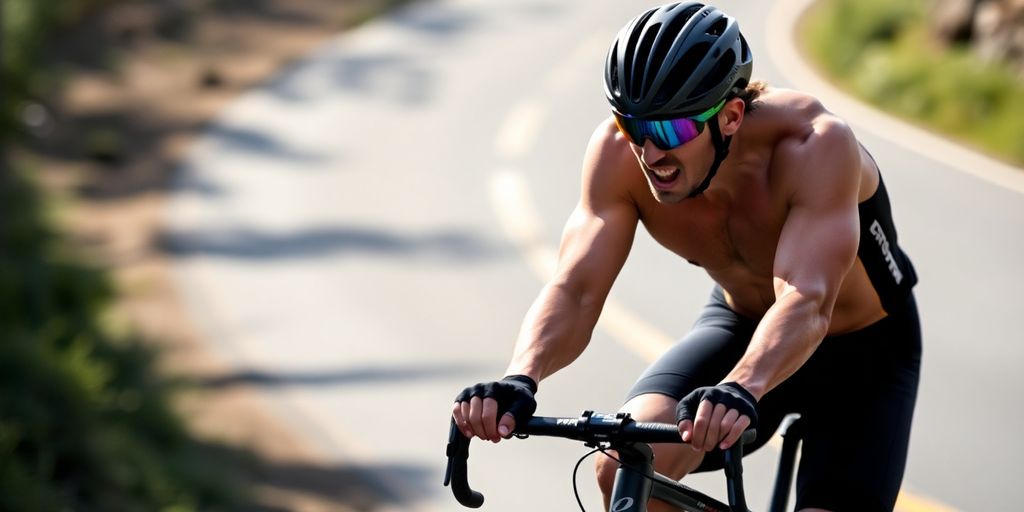 Cyclist climbing a steep hill with intense effort.